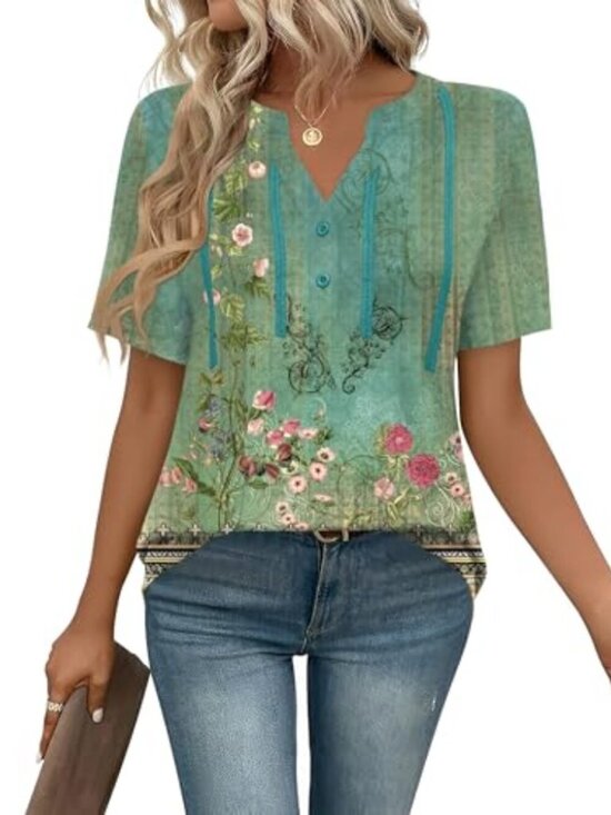 Dresses & Skirts - 🆕 Short Sleeve Shirts for Women Pleated V Neck Lace Blouses Dressy Casual